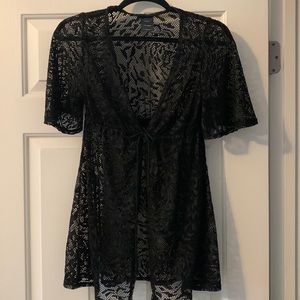 Swim Suit Cover-Up - Black Lace Deep V and Short Bell Sleeves - size S
